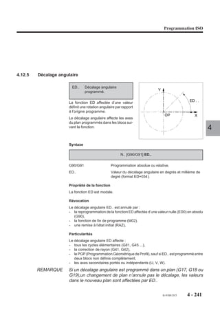 Programmation ISO




Programmation des axes supplémentaires et des axes porteurs/portés.
Un couple d’axes parallèles porteur/porté peut être programmé en G00 par rapport
à l’origine mesure, dans tous les autres cas la programmation en G00 est interdite.
Par exemple :
Les valeurs programmées avec les axes Z et W ne sont plus affectées des PREF et
DEC1.

N..
N.. G00 G52 Z.. W..
N..
                                                                                      4
                                                         OM Z


                         Pièce

                                                                        OM W
                 OP        Op
                                                          WOM
         O programme        O pièce           ZOM




                                                          fr-938819/5      4 - 231
 