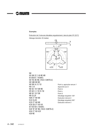 4.12.2    Invalidation / validation des décalages PREF et DEC1

                           G53      Invalidation des décalages
                                    PREF et DEC1.                         INVALIDATION / VALIDATION

                                                                             Echelle E1000/1000
                           G54      Validation des décalages
                                                                             PREF     DEC1 DEC3
                                    PREF et DEC1.
                                                                             X - 100  +0    +0
                                                                             Y - 50.3 + 0   +0
                          Les fonctions permettent la prise en               Z - 200  + 20  +0
                          compte ou non des valeurs PREF et                  B+0      +0    +0
                          DEC1 introduites en page «PREF».


                          Syntaxe

                                                             N.. G53/G54

                          G53                       Invalidation des décalages PREF et DEC1.
                          G54                       Validation des décalages PREF et DEC1.

                          Propriétés des fonctions
                          Les fonctions G53 et G54 sont modales.
                          La fonction G54 est initialisée à la mise sous tension.

                          Révocation
                          Les fonctions G53 et G54 se révoquent mutuellement.

                          Particularités
                          Les jauges d’outils ne sont pas affectées par la fonction G53.




4 - 232     fr-938819/5
 
