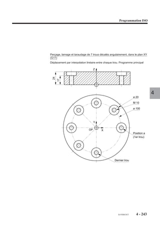 Programmation ISO




4.12.3   Présélection de l’origine programme

                         G92         Présélection de l’origine                        Point
                                     programme.                                     courant
                                                                                                   Z
                       La fonction affectée d’un ou plusieurs                                            Y
                       axes et leurs valeurs définit la position                          G92 . .
                       courante du mobile par rapport à la nou-                                    OP1   X
                       velle origine programme.
                                                                             Z
                       Les PREF sont recalculés sur les axes                         Y
                       programmés.
                                                                              OP0   X
                                                                                                                 4

                       Syntaxe

                                                            N.. G92 X.. Y.. Z..

                       G92                           Présélection de l’origine programme.
                       X.. Y.. Z..                   Position du mobile par rapport à l’origine programme.

                       Détermination de la présélection de l’origine programme sur un axe :
                       Nouveau PREF = PREF précédent + Point courant précédent/OP - Valeur program-
                       mée avec G92
                       ou
                       Nouveau PREF = Point courant/OM - Valeur programmée avec G92 - Longueur
                       d’outil (suivant l’axe) - DEC1
                       Cette opération n’est réalisée qu’après exécution du bloc précédant le bloc contenant
                       la fonction G92.


                                            !   ATTENTION

            La nouvelle valeur des PREF est conservée en fin de programme.




                                                                                     fr-938819/5       4 - 233
 