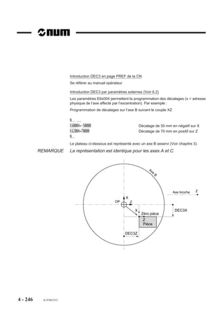 Particularités
                        Pour la simplification et la compréhension du programme, il est préconisé d’être dans
                        l’état G90 (programmation absolue) avant de programmer un décalage d’origine.

                        Fonction G59 programmée en absolu (G90) :
                        Le décalage d’origine G59 ... s’effectue par rapport au PREF + DEC1, un nouveau
                        décalage d’origine G59 ... remplace le précédent.

                        Fonction G59 programmée en relatif (G91) :
                        Le premier déplacement programmé après G59 ... est translaté de la valeur du
                        décalage d’origine programmé. Un nouveau décalage d’origine affectera le déplace-
                        ment suivant, mais la position absolue se trouvera décalée de la somme de tous les
                        G59 ... programmés antérieurement.
                        Les fonctions ci-dessous faisant partie d’un même programme doivent être éventuel-
                        lement programmées dans l’ordre suivant :
                        - ED.. Décalage angulaire,
                        - G59 ... Décalage d’origine programmé,
                        - G51 ... Miroir,
                        - Facteur d’échelle.

                        Particularités liées aux arguments I, J.
                        Un usinage programmé par rapport à
                        l'origine programme (OP) peut être trans-    Figure 1
                        laté et orienté suivant l'angle programmé
                        avec ED (Voir 4.12.5).                                                         ED..
                                                                                J..




                                                                                                  Axe
                        N.. ...                                                           I..     de
                        N.. G59 X.. Y.. I.. J.. ED..
                                                                                  9




                                                                                                  rotation
                                                                                G5
                                                                      Y..




                        N.. ED..
                        N..                                                 Y

                        Un décalage sur les axes X et Y n'est pas                     X
                                                                        OP
                        obligatoire pour programmer I et J.                     X..




4 - 236   fr-938819/5
 
