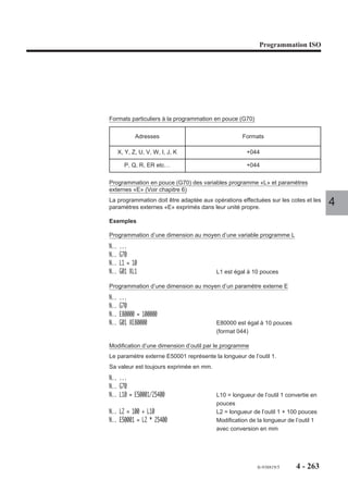 Programmation ISO




Programmation de deux courbes spline successives définie dans le plan XY, avec
appel des blocs de définition dans deux sous programmes.
%300
N10 G0 G52 Z0
N20 T1 D1 M6 (FRAISE R5)
N30 S2000 M40 M3
N40 G92 R1
N50 G48 NC1 H31 N10 N70                Définition de la courbe 1
N60 G42 X20 Y-10                       Point a
N70 Z-3
N80 G1 X0 F200                         Point b                                     4
N90 EA90 EB5 ES-                       Point c
N100 EA180 X-13 Y10                    Point d
N110 G06 NC1                           Ordre d’exécution courbe 1
N120 G48 NC2 H32 N10 N50               Définition de la courbe 2
N130 G06 NC2                           Ordre d’exécution courbe 2
N140 G0 G40 X20
N150 G52 Z0 M05
N160 M02

%31
N10   X-1 Y0                           Tangente d’origine
N20   X-13 Y10
N30   X-50 Y70
N40   X-78 Y75                         Points de la courbe 1 (d, e, f, g, h)
N50   X-104 Y55
N60   X-140 Y0
N70   X0 Y-1                           Tangente d’arrivée

%32
N10   X0 Y-1                           Tangente d’origine
N20   X-140 Y0
N30   X-82 Y-60                        Points de la courbe 2 (h, i, j)
N40   X0 Y0
N50   X1 Y5                            Tangente d’arrivée




                                                        fr-938819/5      4 - 253
 
