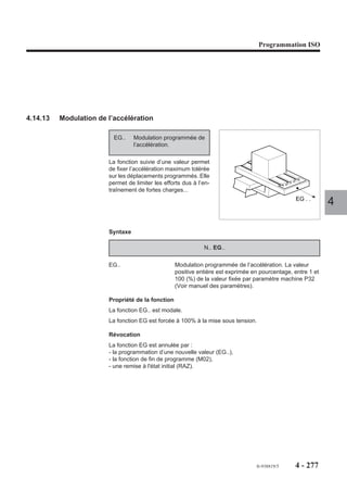 Programmation ISO




4.14.7   Arrêt programmé

                       M00      Arrêt programmé.
                                                                                         Programme
                      La fonction provoque un arrêt dans le                              %25
                      déroulement du programme en cours.                                 N..
                      Après intervention ou contrôle, le cycle                           N..
                      est relancé par l’opérateur.                                       N . .M00
                                                                                         N..
                                                                                         N..
                                                                                                         4

                      Syntaxe

                                                     N.. [G40] M00 [$0...]

                     G40                        Annulation de correction de rayon.
                     M00                        Arrêt programmé.
                     $0...                      Emission de message éventuel destiné à l’opérateur
                                                (Voir 4.18).

                      Propriétés de la fonction
                      La fonction M00 est une fonction non modale «après» décodée.

                      Révocation
                      La fonction est annulée par appui sur la touche «CYCLE».




                                                                               fr-938819/5     4 - 267
 