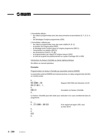 Particularités
                        A la lecture de la fonction M01 dans un bloc (M01 validé) :
                        - l’enchaînement au bloc suivant est interrompu, la rotation de broche est arrêtée,
                        - le contenu du champ situé dans la fenêtre status est modifié et l’indicateur
                           «CYCLE» est remplacé par «M00».
                        Après intervention ou contrôle de l’opérateur, l’activation de la touche «CYCLE»
                        relance le programme et l’indicateur «M00» est remplacé par «CYCLE».
                        La fonction M01 doit être programmée système dans l’état G40 (Annulation de
                        correction de rayon).
                        La rotation de la broche doit être reprogrammée après un arrêt programmé par M01.

                        Transfert de la fonction M01 vers l’automate
                        La fonction M01 est transmise à l’automate en fin d’exécution du bloc dans lequel elle
                        est programmée, mais avant l’attente d’une éventuelle synchronisation des groupes
                        d’axes (G78 ...) s’il s’agit d’un système multi-groupes d’axes (dans ce cas l’arrêt de
                        broche est pris en compte lorsque la synchronisation est effectuée).

                        Exemple

                        N.. ...
                        N.. G01 G42 X.. Y.. F200 M08
                        N..
                        N290 G00 G40 Z200 M09                      Dégagement outil avant intervention
                        N300 M01 $0 VERIFIER LA COTE 50            Arrêt si la touche M01 est validée
                        TOUTES LES 5 PIECES                        et message
                        N310 G00 G42 X.. Y.. M03                   Poursuite du programme
                        N..




4 - 270   fr-938819/5
 
