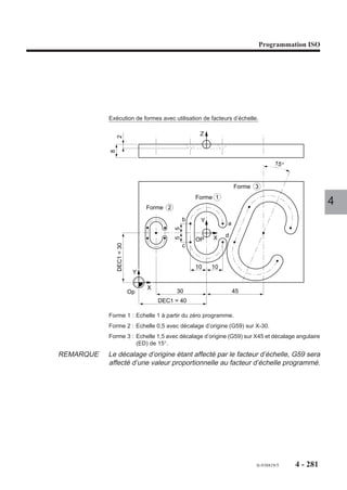 Programmation ISO




4.14.9   Neutralisation des modes «IMD» et «MODIF»

                        M999 Neutralisation programmée du mode modification (MODIF), du mode
                             immédiat (IMD) ou des appels de sous programme par fonction
                             automatisme.

                      Lorsque la fonction est programmée, l’opérateur ne peut pas appeler les modes
                      modification et immédiat ; l'automate ne peut pas faire appel à un sous programme.

                        M998 Réactivation des modes modification (MODIF), immédiat (IMD) et des
                             appels de sous programme par fonction automatisme.
                                                                                                           4
                      Syntaxe

                                                        N.. M998/M999

                      M999                      Neutralisation programmée du mode modification, du
                                                mode immédiat ou des appels de sous programme par
                                                fonction automatisme.
                      M998                      Réactivation des modes modification, immédiat et des
                                                appels de sous programme par fonction automatisme.

                      Propriétés des fonctions
                      Les fonctions M998 et M999 sont des fonctions modales «avant» décodées.
                      La fonction M998 est initialisée à la mise sous tension.

                      Révocation
                      Les fonctions M998 et M999 se révoquent mutuellement (M998 et M999 peuvent être
                      aussi révoquées par M997 et M02).
                      La fonction M999 est annulée par une remise à l’état initial (RAZ).




                                                                                 fr-938819/5   4 - 271
 