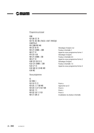 Particularités
                        La programmation de la fonction M999 autorise à :
                        - effectuer des déplacements manuels («JOG» ou «INTERV»),
                        - utiliser la survitesse par manivelle (G12),
                        - utiliser l’arrêt sur butée (G10).
                        La fonction M999 programmée interdit :
                        - le passage en mode recherche de numéro de séquence (RNS) pendant le
                           déroulement d’une suite de séquences «masquées» par la programmation de
                           M999 (pas de prise en compte par la CN),
                        - une intervention provenant de l'automate ou de l’opérateur pendant le déroule-
                           ment d’une suite de séquences.
                        La programmation de M999 permet l’utilisation des variables L100 à L199, L900 à
                        L959 et symboliques […] au même titre que les variables L0 à L19 (Voir chapitres 6
                        et 7).
                        L’écriture des variables ou le transfert des valeurs courantes dans le programme
                        pièce ne sont effectuées qu’en fin d’exécution des blocs précédents (M999 permet
                        l’exécution anticipée de ces opérations).

                        Exemple

                        Utilisation des variables L
                        Dans le programme %1, le bloc N100 ne sera préparé et effectué que lorsque le bloc
                        N90 sera terminé.
                        Dans le programme %2, le bloc N100 sera préparé avant l’exécution de N80 et il n’y
                        aura pas d’arrêt en fin du bloc N90.

                        %1                                       %2
                        N.. ...                                  N..
                        N.. ...                                  N80 M999
                        N90 X.. Z..                              N90 X.. Z..
                        N100 L110 = 1 + L110                     N100 L110 = 1 + L110
                        N110 XL110                               N110 XL110
                        N120 L120 = L110 + L10                   N120 L120 = L110 + L10
                        N130 ZL120                               N130 ZL120
                        N..                                      N140 M998
                        N..                                      N..




4 - 272   fr-938819/5
 