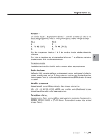 Programmation ISO




           Influence du miroir sur les axes rotatifs A, B ou C.
           La fonction inverse le sens de rotation
           des axes rotatifs et effectue le complé-
           ment à 360°.                                                       +         –
                                                                                  OP
           Si B30 est programmé : déplacement à                         30°                  330°
           330° dans le sens négatif.
                                                                  60°                               300°
           Si B300 est programmé : déplacement à
           60° dans le sens positif.



                                                                                                              4
REMARQUE   Lorsque la fonction miroir affecte un axe rotatif, il convient de s'assurer
           par un test avant usinage que le sens de rotation de l'axe est bien celui
           désiré.

           Influence du miroir sur les interpolations circulaires
           La fonction inverse les sens
                                                              MIROIR X
           anti-trigonométrique   (G02) et                                         Y+
           trigonométrique (G03).
                                                          G02                                          G03


                                                                                        OP
                                                             X-                                        X+


                                                          G03                                          G02
                                                                                   Y-
                                                             MIROIR XY                      MIROIR Y




                                                                              fr-938819/5           4 - 285
 