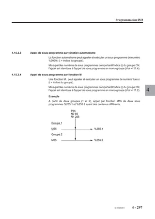 Programmation ISO




4.14.16   Dimensions extrêmes de la pièce en visualisation graphique 3D

                          EM-/+ Dimensions extrêmes de la
                                pièce en visualisation                                              EM +
                                graphique 3D

                        La programmation des dimensions de la
                        pièce permet la visualisation de l’usi-
                        nage en trois dimensions (Voir manuel            EM -
                        opérateur).
                                                                     Z      Y
                                                                                                            4
                                                                                X

                        Syntaxe

                                                 N.. EM- X.. Y.. Z.. EM+ X.. Y.. Z..

                        EM- X.. Y.. Z..           Dimensions minimum du parallélépipède.
                        EM+ X.. Y.. Z..           Dimensions maximum du parallélépipède.

                        Particularités
                        Pour la visualisation de la pièce en graphique 3D il est nécessaire :
                        - de déclarer les fonctions EM+ et EM- dans le même bloc ISO,
                        - de déclarer les dimensions d'outil en pages «CORRECTIONS D OUTILS».
                        La visualisation 3D permet le traitement d’usinages réalisés à l’aide de fraises
                        cylindriques, toriques, sphériques, et forets.
                        Les usinages réalisés dépendant de la
                        forme d’un outil au profil particulier ne
                        sont pas représentés.




                                                                                    fr-938819/5   4 - 287
 