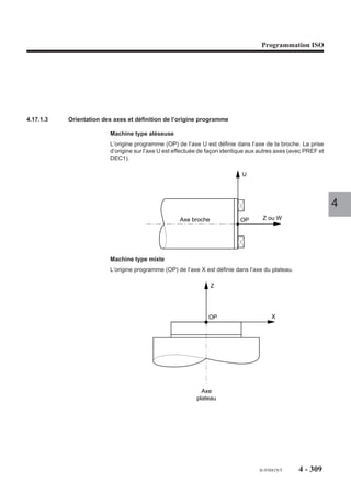 Programmation ISO




4.15.5   Libération de la broche courante dans le groupe d’axes

                         M61     Libération de la broche courante dans le groupe d’axes.

                       La fonction permet de libérer la broche courante dans le groupe pour la commander
                       dans un autre groupe.

                       Syntaxe

                                                            N.. M61

                       M61 Libération de la broche courante dans le groupe.                                  4
                       Propriétés de la fonction
                       La fonction M61 est une fonction modale «après» décodée.

                       Révocation
                       La fonction M61 est révoquée par les fonctions M62 à M65.

                       Particularités
                       Après libération de la broche par la fonction M61, celle-ci peut être commandée par
                       l’une des fonctions M62 à M65 dans le programme d’un autre groupe.
                       Lorsque la broche à commander n’a pas été libérée, le système émet le message
                       d'erreur 38.

                       Exemple
                       Programme du groupe 1 Programme du groupe 2

                       %40.1                            %40.2
                       N.. ...                          N.. ...
                       N..                              N.. G97 S500 M03 M65 M40
                       N..                              N..
                       N..                              N.. M61                 Libération de la broche 2
                       N..                              N..
                       N.. G97 S1000 M03 M41 M65        N..
                       N..                              N..




                                                                                 fr-938819/5    4 - 299
 
