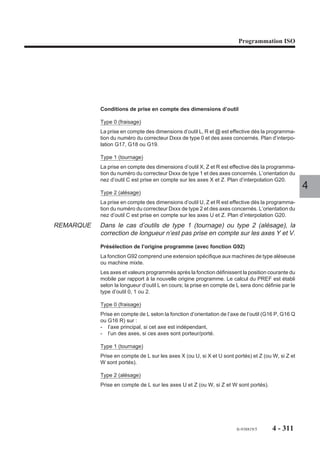 Programmation ISO




           Les jalons posés dans un même programme doivent être numérotés dans un ordre
           croissant, mais leur numérotation de un en un n’est pas obligatoire, par exemple :

           N.. ...
           N90 G78 Q1 ...
           N..
           N200 G78 Q6 ...
           N..
REMARQUE   Un jalon est franchi lorsque le jalon testé a été atteint ou dépassé.

           Exemple
                                                                                                4
           Synchronisation de programmes avec jalons
           %50.1                      %50.2                   %50.3
           N..                        N..                     N..
           N..                        N..                     N.. G78 P2.1 P1.2 Attente Q2
           N..                        N..                     N..               de %50.1
           N50 G78 Q1                 N70 G78 P1.1            N..               de Q1
           N..                        N..                     N..               de 50.2
                                      N..                     N..
           N.. G78 Q2 P1.2 Attente Q1 N..                     N..
           N..             de %50.2 N..                       N..
           N..                        N..G78 Q1               N..G78 Q6
           N..                        N..                     N..
           N.. G78 P6.3 Attente Q6 N..
           N..             de %50.3 N..G78 P5.1 Attente Q5
           N..                        N..        de %50.1
           N..                        N..
           N.. G78 Q5
           N..
           La séquence N70 du programme %50.2 sera franchie si le programme %50.1 a
           atteint ou dépassé sa séquence N50.
           Le programme %50.3 ne s'enchaînera que lorsque le programme %50.1 aura atteint
           le jalon 2 et que le programme %50.2 aura atteint ou dépassé le jalon 1.
           En cas d’invalidation du groupe 3 par le programme automate les étapes se
           rapportant au programme %50.3 sont ignorées dans les programmes %50.1 et
           %50.2 (l’attente G78 P6.3 de %50.1 n’est pas prise en compte) (Voir manuel de
           programmation de la fonction automatisme).




                                                                    fr-938819/5    4 - 301
 