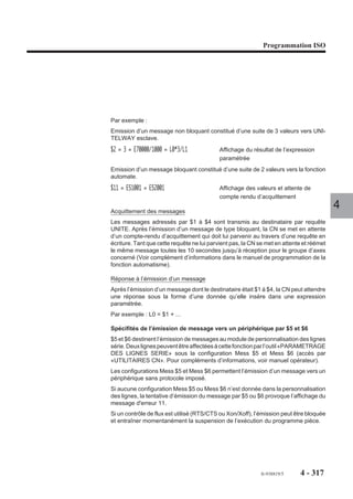 Programmation ISO




4.16.5   Echange de broches entre les groupes
                      Au moment de l’initialisation de la CN, si aucune broche n’est attribuée à un groupe
                      en particulier, les broches sont affectées aux groupes portant le même numéro
                      qu’elles, par exemple :
                      Broche 1 à groupe 1,
                      Broche 2 à groupe 2, etc...
                      Un groupe automate A peut s’attribuer une broche si celle-ci à été préalablement
                      libérée par son groupe propriétaire B (CN ou automate). Lors de la RAZ du groupe
                      B initialement propriétaire, la broche sera réaffectée à ce groupe propriétaire B (et
                      cela, que le groupe A soit en cours de cycle ou non).

                                                                                                              4




                                                                                 fr-938819/5     4 - 307
 