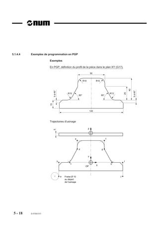 Points caractéristiques situés sur la
                    droite orientée (D).                                                      E+            ∞
                                                                                     E-               (D)
                    - E+ défini le point le plus proche de + ∞
                                                                  Y
                    (plus l’infini) situé sur la droite (D).
                                                                                       EA
                    - E- défini le point le plus proche de - ∞           X
                    (moins l’infini) situé sur la droite (D).
                    Points caractéristiques situés de part
                                                                                            E+
                    et d’autre de la droite orientée (D).
                                                                                                      (D)
                    - E+ défini le point situé à gauche de la
                                                                  Y
                    droite (D).
                                                                                       EA        E-
                    - E- défini le point situé à droite de (D).          X
                    Le discriminant peut être utilisé avec l’adresse ES (élément sécant) ou l’adresse ET
                    (élément tangent) par exemple :
                    E± sécant se traduit en programmation par ES+ ou ES-.
                    E± tangent se traduit en programmation par ET+ ou ET-.

                    Programmation du discriminant avec des éléments sécants
                    Lorsqu’il s’agit d’éléments sécants droite/cercle ou cercle/cercle, le système permet
                    deux solutions possibles et la programmation du discriminant avec ES (ES+ ou ES-)
                    est obligatoire (Voir 5.3.2, figures 3a et 3b par exemple).

                    Programmation du discriminant avec des éléments tangents
                    Le système limite à deux le nombre de solutions possibles (seules les tangences
                    sans rebroussement sont réalisées par le système).
                    Lorsque deux solutions sont possibles, chacune d’entre elles entraîne soit :
                    - la création d’un arc de cercle inférieur à 180°,
                    - la création d’un arc de cercle supérieur à 180°.
                    Dans ces deux cas : la programmation du discriminant avec ET est facultative, par
                    défaut le système choisi la solution qui comporte le plus petit arc de cercle (Voir 5.3.2
                    figures 8a et 8b par exemple).
                    Seule exception :
                    Cercle dont le centre est intérieur au cercle suivant, et caractérisé uniquement par :
                    les coordonnées de ce centre et par le fait qu’il soit tangent au cercle suivant
                    (Voir 5.3.2, figures 5b, 12b, 23b).




5-8   fr-938819/5
 
