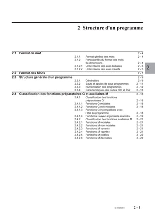 Structure d'un programme

                                            2 Structure d'un programme



2.1 Format de mot                                                                                  2-4
                                          2.1.1     Format général des mots                        2-4
                                          2.1.2     Particularités du format des mots
                                                    de dimensions                                  2-4
                                          2.1.2.1   Unité interne des axes linéaires               2-5
                                          2.1.2.2   Unité interne des axes rotatifs                2-5     2
2.2 Format des blocs                                                                               2-7
2.3 Structure générale d’un programme                                                              2-9
                                          2.3.1     Généralités                                    2-9
                                          2.3.2     Sauts et appels de sous programmes            2 - 11
                                          2.3.3     Numérotation des programmes                   2 - 12
                                          2.3.4     Caractéristiques des codes ISO et EIA         2 - 13
2.4 Classification des fonctions préparatoires G et auxiliaires M                                 2 - 18
                                          2.4.1     Classification des fonctions
                                                    préparatoires G                               2 - 18
                                          2.4.1.1   Fonctions G modales                           2 - 18
                                          2.4.1.2   Fonctions G non modales                       2 - 18
                                          2.4.1.3   Fonctions G incompatibles avec
                                                    l’état du programme                           2 - 18
                                          2.4.1.4   Fonctions G avec arguments associés           2 - 19
                                          2.4.2     Classification des fonctions auxiliaires M    2 - 21
                                          2.4.2.1   Fonctions M modales                           2 - 21
                                          2.4.2.2   Fonctions M non modales                       2 - 21
                                          2.4.2.3   Fonctions M «avant»                           2 - 21
                                          2.4.2.4   Fonctions M «après»                           2 - 21
                                          2.4.2.5   Fonctions M codées                            2 - 22
                                          2.4.2.6   Fonctions M décodées                          2 - 22




                                                                              fr-938819/5        2-1
 