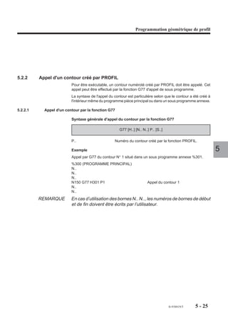 Programmation géométrique de profil




FIGURE 21                                                  FIGURE 22        G2
                        G2

                                                                                     IJ            (D) XY
             G2                       R          (D)           a       IJ
                 ES+                                                                                      EA
         a                       IJ
Y                                                          Y           ES-
                  IJ
                                                                                     G3
         X                                                         X

N.. G02/G03 I.. J.. ES+                                   N.. G02/G03 I.. J.. ES-
N.. G02/G03 I.. J.. R../X.. Y..                           N.. G02/G03 I.. J..
                                                          N.. G01 EA X.. Y..

FIGURE 23a                                                  FIGURE 23b
                                                                              G2
         G2 ES+                                                                                     G3
                                           (D)                 a
                                                                       IJ
                                                                                     IJ
                                                                                                               (D)   5
    a                                            G2                                             R
                            IJ
             IJ                                                                                            (D')
                                             R
Y                                                          Y                                              ET+
                                           IJ                          ES-
                       G3
         X                                                         X                      G3

N.. G02/G03 I.. J.. ES+                                   N.. G02/G03 I.. J.. ES-
N.. G02/G03 I.. J..                                       N.. G02/G03 I.. J.. ET+
N.. G02/G03 I.. J.. R../X.. Y..                           N.. G02/G03 I.. J.. R../X.. Y..

FIGURE 24a                                                 FIGURE 24b                      XY            (D)
                                             (D)
                                      XY                                                      EA
                                                                        ET-
             [ET+]                     EA
                                                                                          a
                   R                                                             R
Y       G2                                                 Y
             a
         X                                                         X                 G2

N.. G02/G03 R..                                           N.. G02/G03 R.. ET-
N.. G01 EA.. X.. Y..                                      N.. G01 EA.. X.. Y..




                                                                             fr-938819/5            5 - 15
 
