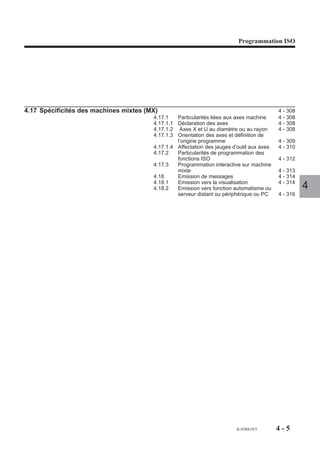 Programmation ISO




4.17 Spécificités des machines mixtes (MX)                                                 4 - 308
                                        4.17.1   Particularités liées aux axes machine     4 - 308
                                        4.17.1.1 Déclaration des axes                      4 - 308
                                        4.17.1.2 Axes X et U au diamètre ou au rayon       4 - 308
                                        4.17.1.3 Orientation des axes et définition de
                                                 l’origine programme                       4 - 309
                                        4.17.1.4 Affectation des jauges d’outil aux axes   4 - 310
                                        4.17.2   Particularités de programmation des
                                                 fonctions ISO                             4 - 312
                                        4.17.3   Programmation interactive sur machine
                                                 mixte                                     4 - 313
                                        4.18     Emission de messages                      4 - 314
                                        4.18.1   Emission vers la visualisation            4 - 314
                                        4.18.2   Emission vers fonction automatisme ou               4
                                                 serveur distant ou périphérique ou PC     4 - 316




                                                                         fr-938819/5       4-5
 