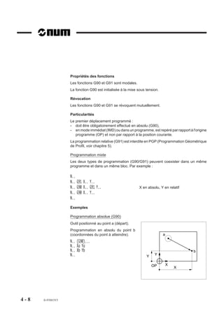 Propriétés des fonctions
                    Les fonctions G90 et G91 sont modales.
                    La fonction G90 est initialisée à la mise sous tension.

                    Révocation
                    Les fonctions G90 et G91 se révoquent mutuellement.

                    Particularités
                    Le premier déplacement programmé :
                    - doit être obligatoirement effectué en absolu (G90),
                    - en mode immédiat (IMD) ou dans un programme, est repéré par rapport à l'origine
                       programme (OP) et non par rapport à la position courante.
                    La programmation relative (G91) est interdite en PGP (Programmation Géométrique
                    de Profil, voir chapitre 5).

                    Programmation mixte
                    Les deux types de programmation (G90/G91) peuvent coexister dans un même
                    programme et dans un même bloc. Par exemple :

                    N..
                    N.. G91 X.. Y..
                    N.. G90 X.. G91 Y..                       X en absolu, Y en relatif
                    N.. G90 X.. Y..
                    N..

                    Exemples

                    Programmation absolue (G90)
                    Outil positionné au point a (départ).
                    Programmation en absolu du point b
                    (coordonnées du point à atteindre).                       a
                    N.. (G90)...
                    N.. Xa Ya
                    N.. Xb Yb                                                                b
                    N..                                            Y
                                                                        Y


                                                                       OP         X
                                                                                      X




4-8   fr-938819/5
 