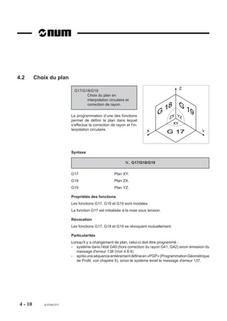 4.2      Choix du plan
                                                                                         Z
                            G17/G18/G19
                                  Choix du plan en
                                  interpolation circulaire et
                                  correction de rayon.                                   G
                                                                                    18       19
                          La programmation d’une des fonctions
                                                                              G          Y
                                                                                     ZX Z
                          permet de définir le plan dans lequel
                          s’effectue la correction de rayon et l’in-                   XY
                          terpolation circulaire.                                                   Y
                                                                        X           G 17


                          Syntaxe

                                                            N.. G17/G18/G19

                          G17                        Plan XY.
                          G18                        Plan ZX.
                          G19                        Plan YZ.

                          Propriétés des fonctions
                          Les fonctions G17, G18 et G19 sont modales.
                          La fonction G17 est initialisée à la mise sous tension.

                          Révocation
                          Les fonctions G17, G18 et G19 se révoquent mutuellement.

                          Particularités
                          Lorsqu'il y a changement de plan, celui-ci doit être programmé :
                          - système dans l’état G40 (hors correction du rayon G41, G42) sinon émission du
                             message d'erreur 138 (Voir 4.8.4).
                          - après une séquence entièrement définie en «PGP» (Programmation Géométrique
                             de Profil, voir chapitre 5), sinon le système émet le message d'erreur 137.




4 - 10      fr-938819/5
 