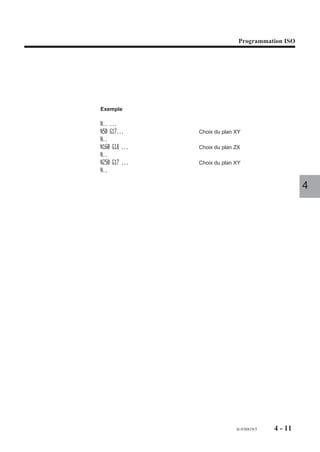 Programmation ISO




Exemple

N.. ...
N50 G17...     Choix du plan XY
N..
N160 G18 ...   Choix du plan ZX
N..
N250 G17 ...   Choix du plan XY
N..

                                                    4




                             fr-938819/5   4 - 11
 