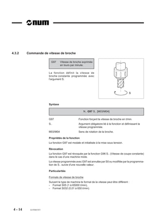 4.3.2     Commande de vitesse de broche

                            G97     Vitesse de broche exprimée
                                    en tours par minute.

                          La fonction définit la vitesse de
                          broche constante programmée avec
                          l’argument S.




                                                                                                  S



                          Syntaxe

                                                        N.. G97 S.. [M03/M04]

                          G97                       Fonction forçant la vitesse de broche en t/min.
                          S..                       Argument obligatoire lié à la fonction et définissant la
                                                    vitesse programmée.
                          M03/M04                   Sens de rotation de la broche.

                          Propriétés de la fonction
                          La fonction G97 est modale et initialisée à la mise sous tension.

                          Révocation
                          La fonction G97 est révoquée par la fonction G96 S.. (Vitesse de coupe constante)
                          dans le cas d’une machine mixte.
                          La vitesse programmée avec G97 est annulée par S0 ou modifiée par la programma-
                          tion de S.. suivie d'une nouvelle valeur.

                          Particularités

                          Formats de vitesse de broche
                          Suivant le type de machine le format de la vitesse peut être différent :
                          - Format S05 (1 à 65000 t/min),
                          - Format S032 (0,01 à 650 t/min).




 4 - 14     fr-938819/5
 