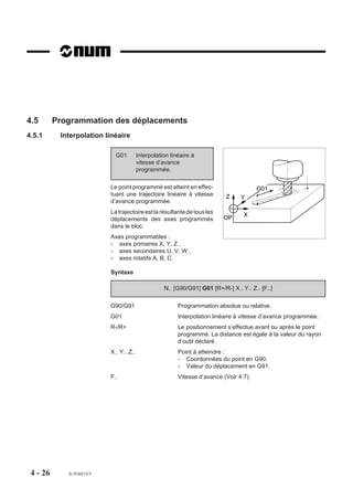 4.5       Programmation des déplacements
4.5.1      Interpolation linéaire

                             G01         Interpolation linéaire à
                                         vitesse d’avance
                                         programmée.

                           Le point programmé est atteint en effec-                      G01
                           tuant une trajectoire linéaire à vitesse         Z     Y
                           d’avance programmée.
                           La trajectoire est la résultante de tous les            X
                           déplacements des axes programmés                OP
                           dans le bloc.
                           Axes programmables :
                           - axes primaires X, Y, Z ,
                           - axes secondaires U, V, W ,
                           - axes rotatifs A, B, C.

                           Syntaxe

                                                    N.. [G90/G91] G01 [R+/R-] X.. Y.. Z.. [F..]

                           G90/G91                        Programmation absolue ou relative.
                           G01                            Interpolation linéaire à vitesse d’avance programmée.
                           R-/R+                          Le positionnement s’effectue avant ou après le point
                                                          programmé. La distance est égale à la valeur du rayon
                                                          d’outil déclaré.
                           X.. Y.. Z..                    Point à atteindre :
                                                          - Coordonnées du point en G90.
                                                          - Valeur du déplacement en G91.
                           F..                            Vitesse d’avance (Voir 4.7).




 4 - 26      fr-938819/5
 