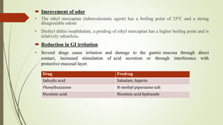 Imrovement of odor
• The ethyl mercaptan (tuberculostatic agent) has a boiling point of 25ºC and a strong
disagreeable odour.
• Diethyl dithio isophthalate, a prodrug of ethyl mercaptan has a higher boiling point and is
relatively odourless.
 Reduction in GI irritation
• Several drugs cause irritation and damage to the gastric mucosa through direct
contact, increased stimulation of acid secretion or through interference with
protective mucosal layer.
Drug Prodrug
Salicylic acid Salsalate, Aspirin
Phenylbutazone N-methyl piperazine salt
Nicotinic acid Nicotinic acid hydrazide
 