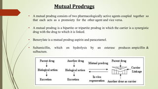 Mutual Prodrugs
• A mutual prodrug consists of two pharmacologically active agents coupled together so
that each acts as a promoiety for the other agent and vice versa.
• A mutual prodrug is a bipartite or tripartite prodrug in which the carrier is a synergistic
drug with the drug to which it is linked.
• Benorylate is a mutual prodrug aspirin and paracetamol.
• Sultamicillin, which on hydrolysis by an esterase produces ampicillin &
sulbactum.
 