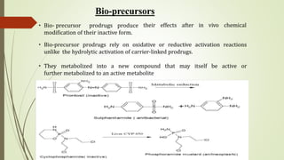 Bio-precursors
• Bio- precursor prodrugs produce
modification of their inactive form.
their effects after in vivo chemical
• Bio-precursor prodrugs rely on oxidative or reductive activation reactions
unlike the hydrolytic activation of carrier-linked prodrugs.
• They metabolized into a new compound that may itself be active or
further metabolized to an active metabolite
 