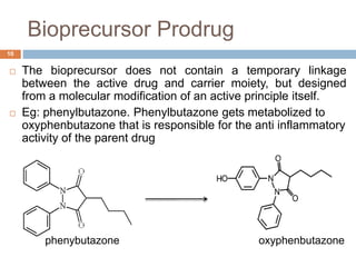 Bioprecursor Prodrug
 The bioprecursor does not contain a temporary linkage
between the active drug and carrier moiety, but designed
from a molecular modification of an active principle itself.
 Eg: phenylbutazone. Phenylbutazone gets metabolized to
oxyphenbutazone that is responsible for the anti inflammatory
activity of the parent drug
phenybutazone oxyphenbutazone
10
 