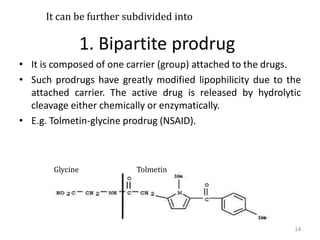 1. Bipartite prodrug
• It is composed of one carrier (group) attached to the drugs.
• Such prodrugs have greatly modified lipophilicity due to the
attached carrier. The active drug is released by hydrolytic
cleavage either chemically or enzymatically.
• E.g. Tolmetin-glycine prodrug (NSAID).
It can be further subdivided into
TolmetinGlycine
14
 