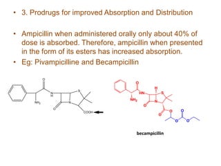 • 3. Prodrugs for improved Absorption and Distribution
• Ampicillin when administered orally only about 40% of
dose is absorbed. Therefore, ampicillin when presented
in the form of its esters has increased absorption.
• Eg: Pivampicilline and Becampicillin
S
N
O
N
H
O
NH2
COOH
N
S
O
O
H
HN
O
NH2
O O
O
O
becampicillin
 