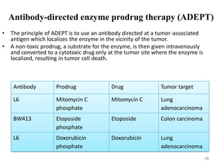 Antibody-directed enzyme prodrug therapy (ADEPT)
• The principle of ADEPT is to use an antibody directed at a tumor-associated
antigen which localizes the enzyme in the vicinity of the tumor.
• A non-toxic prodrug, a substrate for the enzyme, is then given intravenously
and converted to a cytotoxic drug only at the tumor site where the enzyme is
localized, resulting in tumor cell death.
Antibody Prodrug Drug Tumor target
L6 Mitomycin C
phosphate
Mitomycin C Lung
adenocarcinoma
BW413 Etoposide
phosphate
Etoposide Colon carcinoma
L6 Doxorubicin
phosphate
Doxorubicin Lung
adenocarcinoma
38
 
