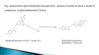 •Eg: antipsychotic agent haloperidol deconate have duration of action of about a month in
comparison to plain haloperidol (2-6 hrs).
F
O
N
Cl
O
CH3
O
F
O
N
Cl
OH
Haloperidol decanoate (activity ~1 month i.m.) Haloperidol (tranquilizers)
(peak plasma ~2-6 hrs oral)
22
 