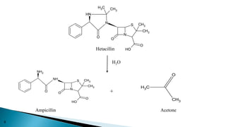N
N
N
H
CH3
C
H3
O O
S
CH3
CH3
O
O
H
N
NH
NH2
O O
S
CH3
CH3
O
O
H
C
H3
CH3
O
Hetacillin
H2O
Ampicillin Acetone
+
9
 