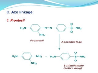 C. Azo linkage:
H2N N N S
O
O
NH2
NH2
Azoreductase
H2N S
O
O
NH2
NH2
Prontosil
H2NNH2
Sulfanilamide
(active drug)
+
1. Prontosil
 