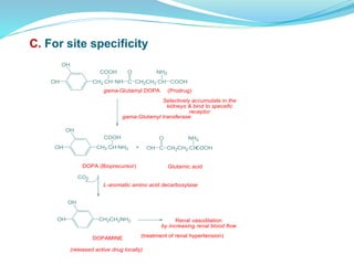 C. For site specificity
OH
OH CH2 CH
COOH
NH C
O
CH2CH2 CH
NH2
gama-Glutamyl DOPA (Prodrug)
gama-Glutamyl transferase
OH
OH CH2 CH
COOH
NH2 C
O
CH2CH2 CH
NH2
COOHOH+
DOPA (Bioprecursor) Glutamic acid
CO2
OH
OH CH2CH2NH2
DOPAMINE
Renal vasodilation
by increasing renal blood flow
L-aromatic amino acid decarboxylase
(treatment of renal hypertension)
Selectively accumulate in the
kidneys & bind to specefic
receptor
(released active drug locally)
COOH
 