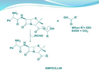 H
N
N
S
O
O
NH2
Ph
O
O OH
R
OH R'
O
+
When R'= OEt
EtOH + CO2
RCHO
H
N
N
S
O
O
NH2
Ph
O
O
AMPICILLIN
 