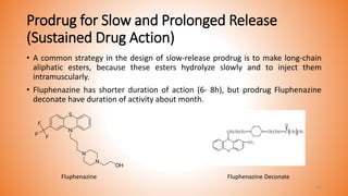 Prodrug for Slow and Prolonged Release
(Sustained Drug Action)
• A common strategy in the design of slow-release prodrug is to make long-chain
aliphatic esters, because these esters hydrolyze slowly and to inject them
intramuscularly.
• Fluphenazine has shorter duration of action (6- 8h), but prodrug Fluphenazine
deconate have duration of activity about month.
Fluphenazine Fluphenazine Deconate
21
 