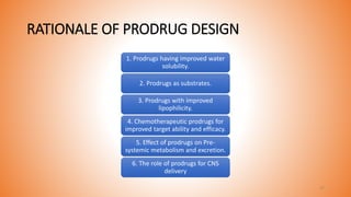 RATIONALE OF PRODRUG DESIGN
1. Prodrugs having improved water
solubility.
2. Prodrugs as substrates.
3. Prodrugs with improved
lipophilicity.
4. Chemotherapeutic prodrugs for
improved target ability and efficacy.
5. Effect of prodrugs on Pre-
systemic metabolism and excretion.
6. The role of prodrugs for CNS
delivery
27
 