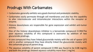 Prodrugs With Carbamates
• Carbamates generally exhibits very good chemical and proteolytic stability.
• Carbamates easily permeate through cell membranes and also has the capability
to alter intermolecular and intramolecular interactions within the receptor or
enzyme.
• Histone deacetylases are responsible for gene expression and exhibit anti-tumor
activity.
• One of the histone deacetylases inhibitor is a benzamide compound CI-994.The
poor aqueous solubility of this compound is overcome by addition of two
glucuronide prodrugs.
• In one compound they have linked glucuronide moiety with the aid of spacer (37)
and in another compound they have directly linked the glucuronide moiety with
the carbamate group of parent drug.
• The aqueous solubility of parent compound CI-994 was found to be 0.08 mg/mL
and both the prodrugs showed aqueous solubility more than 1 mg/mL
41
 
