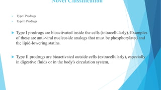 Novel Classification
 Type I Prodrugs
 Type II Prodrugs
 Type I prodrugs are bioactivated inside the cells (intracellularly). Examples
of these are anti-viral nucleoside analogs that must be phosphorylated and
the lipid-lowering statins.
 Type II prodrugs are bioactivated outside cells (extracellularly), especially
in digestive fluids or in the body's circulation system,
 