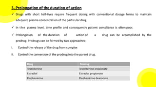 3. Prolongation of the duration of action
 Drugs with short half-lives require frequent dosing with conventional dosage forms to maintain
adequate plasma concentration of the particular drug.
 In t h e plasma level, time profile and consequently patient compliance is often poor.
 Prolongation of the duration of action of a drug can be accomplished by the
prodrug. Prodrugs can be formed by two approaches-
I. Control the release of the drug from complex
II. Control the conversion of the prodrug into the parent drug.
Drug Prodrug
Testosterone Testosterone propionate
Estradiol Estradiol propionate
Fluphenazine Fluphenazine deaconate
 