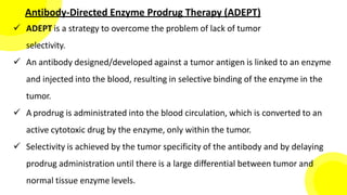 Antibody-Directed Enzyme Prodrug Therapy (ADEPT)
 ADEPT is a strategy to overcome the problem of lack of tumor
selectivity.
 An antibody designed/developed against a tumor antigen is linked to an enzyme
and injected into the blood, resulting in selective binding of the enzyme in the
tumor.
 A prodrug is administrated into the blood circulation, which is converted to an
active cytotoxic drug by the enzyme, only within the tumor.
 Selectivity is achieved by the tumor specificity of the antibody and by delaying
prodrug administration until there is a large differential between tumor and
normal tissue enzyme levels.
 