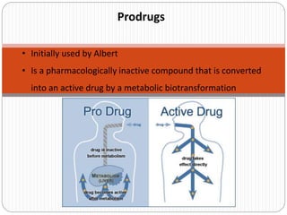 Prodrugs
• Initially used by Albert
• Is a pharmacologically inactive compound that is converted
into an active drug by a metabolic biotransformation
 