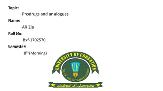 Topic:
Prodrugs and analogues
Name:
Ali Zia
Roll No:
Bsf-1702570
Semester:
8th(Morning)
 