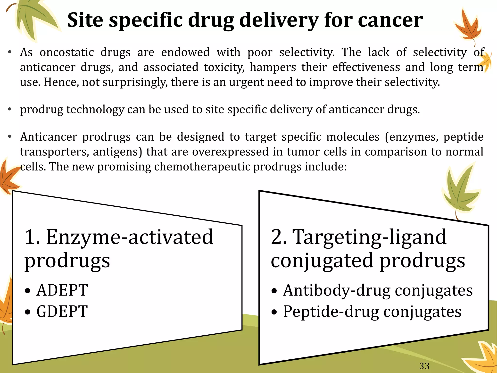Site specific drug delivery for cancer
• As oncostatic drugs are endowed with poor selectivity. The lack of selectivity of
anticancer drugs, and associated toxicity, hampers their effectiveness and long term
use. Hence, not surprisingly, there is an urgent need to improve their selectivity.
• prodrug technology can be used to site specific delivery of anticancer drugs.
• Anticancer prodrugs can be designed to target specific molecules (enzymes, peptide
transporters, antigens) that are overexpressed in tumor cells in comparison to normal
cells. The new promising chemotherapeutic prodrugs include:
1. Enzyme-activated
prodrugs
• ADEPT
• GDEPT
2. Targeting-ligand
conjugated prodrugs
• Antibody-drug conjugates
• Peptide-drug conjugates
33
 
