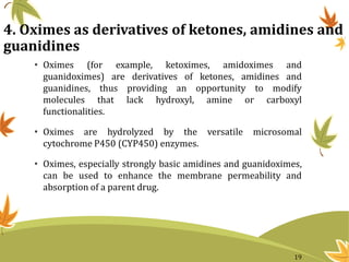 4. Oximes as derivatives of ketones, amidines and
guanidines
• Oximes (for example, ketoximes, amidoximes and
guanidoximes) are derivatives of ketones, amidines and
guanidines, thus providing an opportunity to modify
molecules that lack hydroxyl, amine or carboxyl
functionalities.
• Oximes are hydrolyzed by the versatile microsomal
cytochrome P450 (CYP450) enzymes.
• Oximes, especially strongly basic amidines and guanidoximes,
can be used to enhance the membrane permeability and
absorption of a parent drug.
19
 
