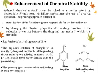 Enhancement of Chemical Stability
• Although chemical unstability can be solved to a greater extent by
appropriate formulations, its failure necessitates the use of prodrug
approach. The prodrug approach is based on
1. modification of the functional group responsible for the instability or
2. by changing the physical properties of the drug resulting in the
reduction of contact between the drug and the media in which it is
unstable.
• E. g. Antineoplastic drug- Azacytidine.
• The aqueous solution of azacytidine is
readily hydrolyzed but the bisulfite prodrug
shows stability to such degradation at acidic
pH and is also more water soluble than the
parent drug.
• The prodrug gets converted to active drug
at the physiological pH 24
 