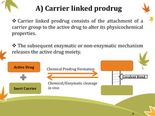 Active Drug
Inert Carrier
A) Carrier linked prodrug
Chemical Prodrug Formation
Chemical/Enzymatic cleavage
in vivo
Covalent Bond
 Carrier linked prodrug consists of the attachment of a
carrier group to the active drug to alter its physicochemical
properties.
 The subsequent enzymatic or non-enzymatic mechanism
releases the active drug moiety.
8
 