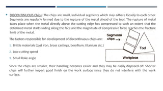  DISCONTINUOUS Chips: The chips are small, individual segments which may adhere loosely to each other.
Segments are regularly formed due to the rupture of the metal ahead of the tool. The rupture of metal
takes place when the metal directly above the cutting edge has compressed to such an extent that the
deformed metal starts sliding along the face and the magnitude of compressive force reaches the fracture
limit of the metal.
The factors responsible for development of discontinuous chips are:
1. Brittle materials (cast iron, brass castings, beryllium, titanium etc.)
2. Low cutting speed
3. Small Rake angle
Since the chips are smaller, their handling becomes easier and they may be easily disposed off. Shorter
chips will further impart good finish on the work surface since they do not interfere with the work
surface.
 