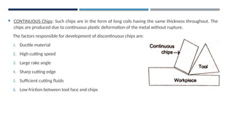  CONTINUOUS Chips: Such chips are in the form of long coils having the same thickness throughout. The
chips are produced due to continuous plastic deformation of the metal without rupture.
The factors responsible for development of discontinuous chips are:
1. Ductile material
2. High cutting speed
3. Large rake angle
4. Sharp cutting edge
5. Sufficient cutting fluids
6. Low friction between tool face and chips
 