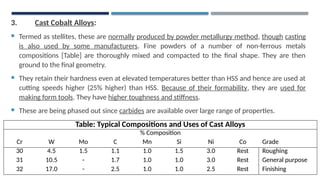 3. Cast Cobalt Alloys:
 Termed as stellites, these are normally produced by powder metallurgy method, though casting
is also used by some manufacturers. Fine powders of a number of non-ferrous metals
compositions [Table] are thoroughly mixed and compacted to the final shape. They are then
ground to the final geometry.
 They retain their hardness even at elevated temperatures better than HSS and hence are used at
cutting speeds higher (25% higher) than HSS. Because of their formability, they are used for
making form tools. They have higher toughness and stiffness.
 These are being phased out since carbides are available over large range of properties.
Table: Typical Compositions and Uses of Cast Alloys
% Composition
Cr W Mo C Mn Si Ni Co Grade
30 4.5 1.5 1.1 1.0 1.5 3.0 Rest Roughing
31 10.5 - 1.7 1.0 1.0 3.0 Rest General purpose
32 17.0 - 2.5 1.0 1.0 2.5 Rest Finishing
 